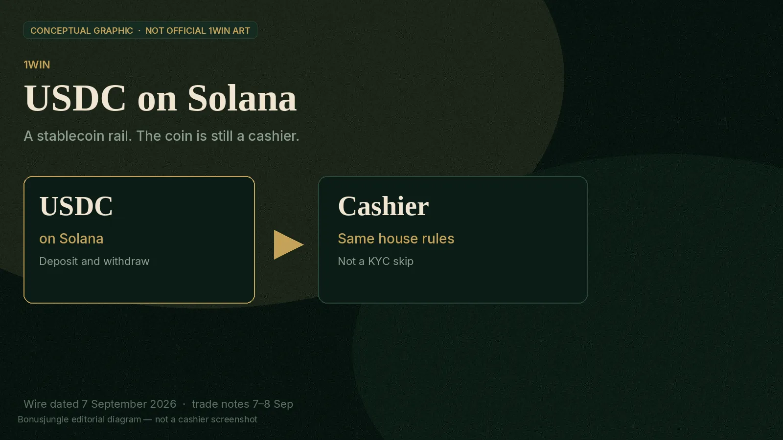 Conceptual graphic: USDC on Solana pointing to a cashier panel labelled not a KYC skip