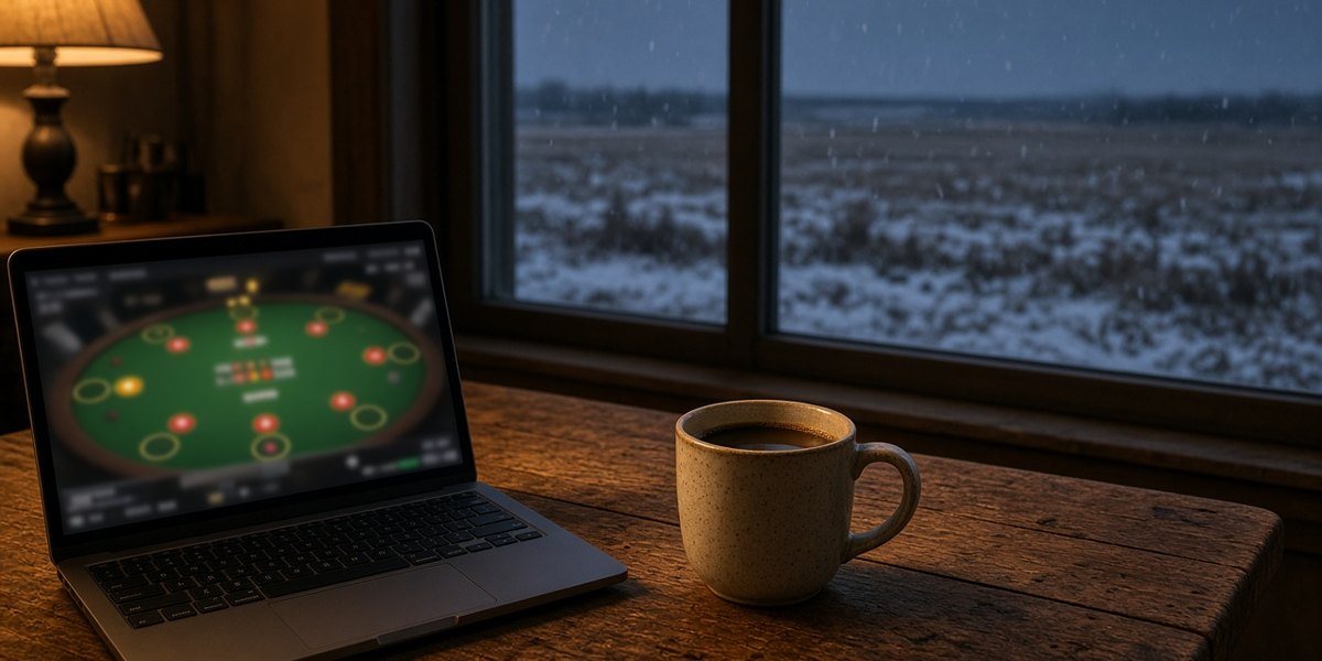 Ein Laptop mit einem Online-Pokertisch auf einem Bauernhaustisch, draußen fällt Schnee auf Felder.