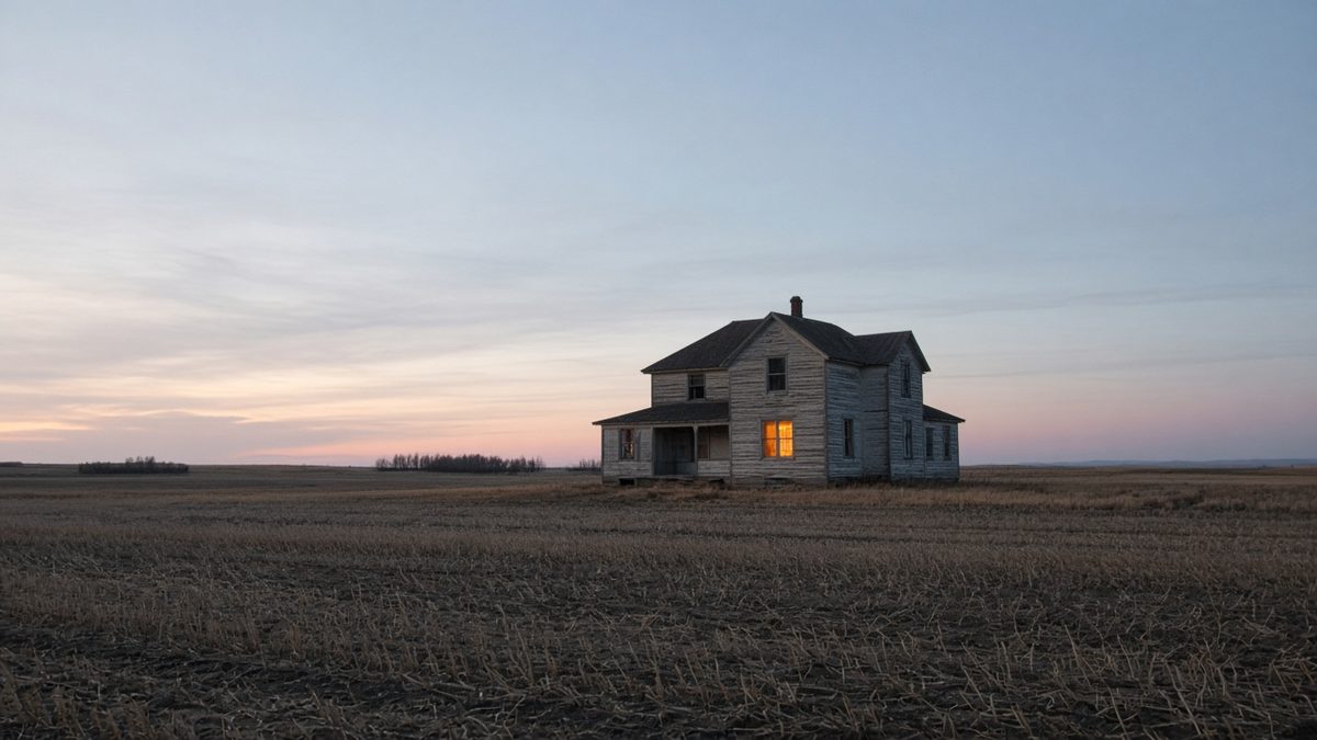 A farmhouse on the Alberta prairie at dusk, with one lit window.