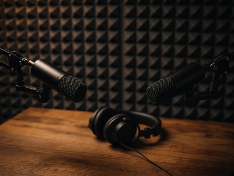 Two podcast microphones and a pair of headphones on a wooden desk.