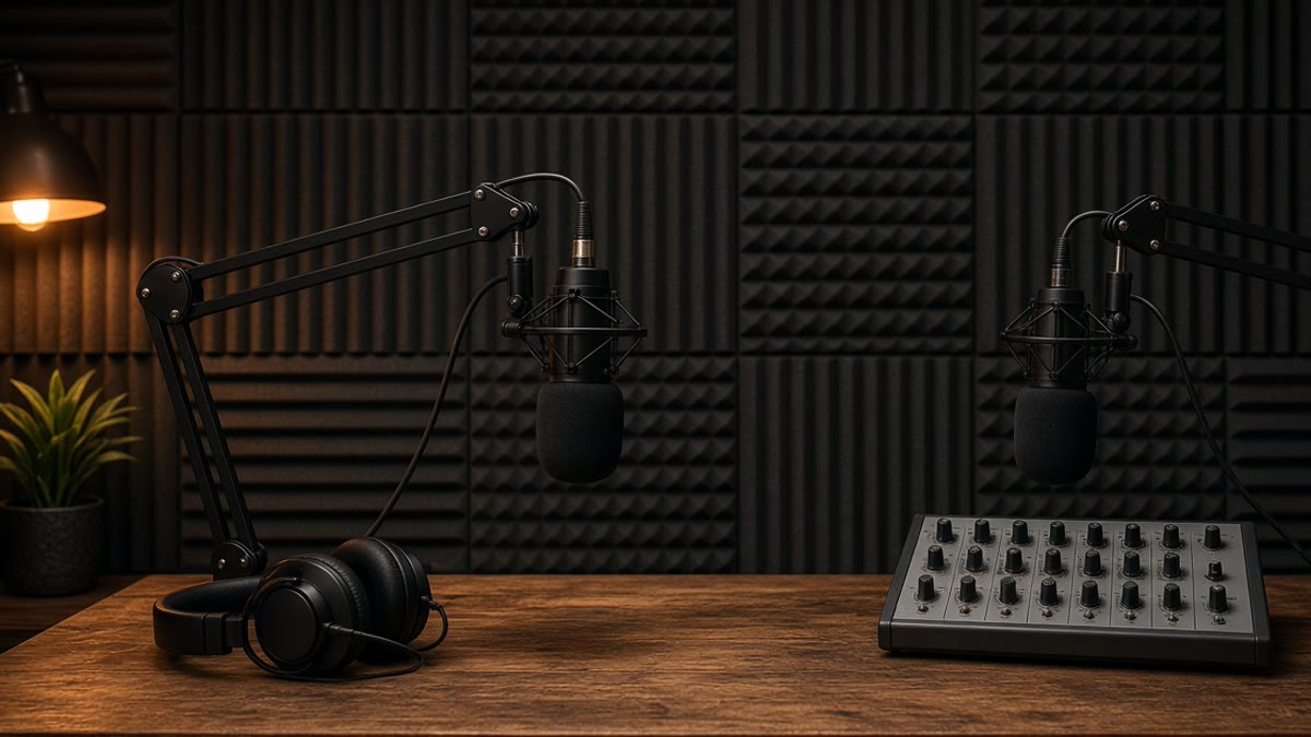 A home podcast studio with two microphones on boom arms, headphones and a mixing desk under dim light.