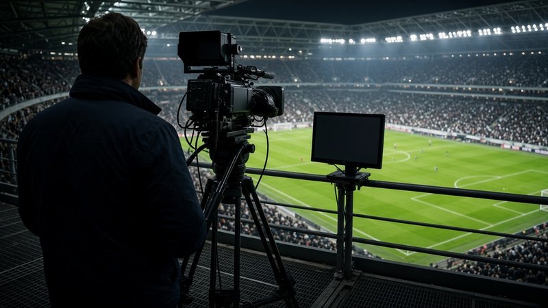 Ein Kameramann auf einer TV-Plattform über einem Stadion, von hinten gesehen.
