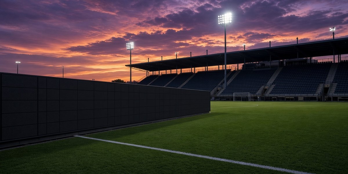 A blank LED advertising board beside an empty floodlit sports field at dusk.