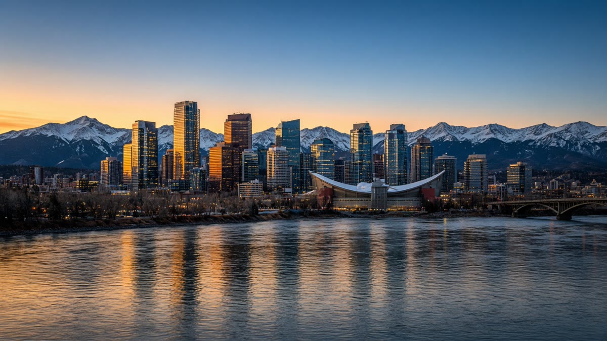 The Calgary skyline at dusk with the Rocky Mountains on the horizon.
