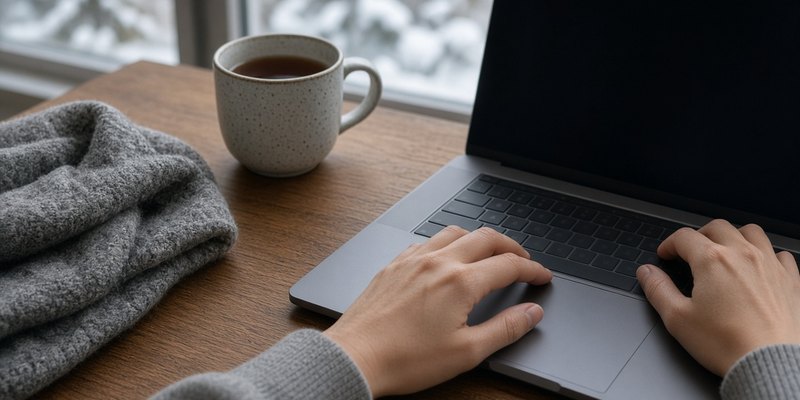 Hands on a laptop on a wooden coffee table beside a mug and a scarf.
