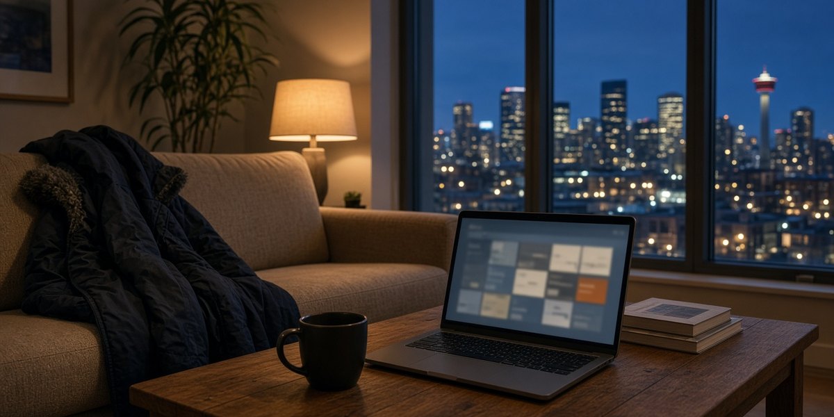 A laptop on a coffee table in a city apartment at dusk, with a jacket on the sofa and city lights outside.