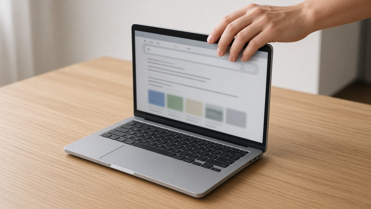 Eine Hand klappt einen Laptop zu, auf dem unscharf eine Seite mit Suchergebnissen zu sehen ist.