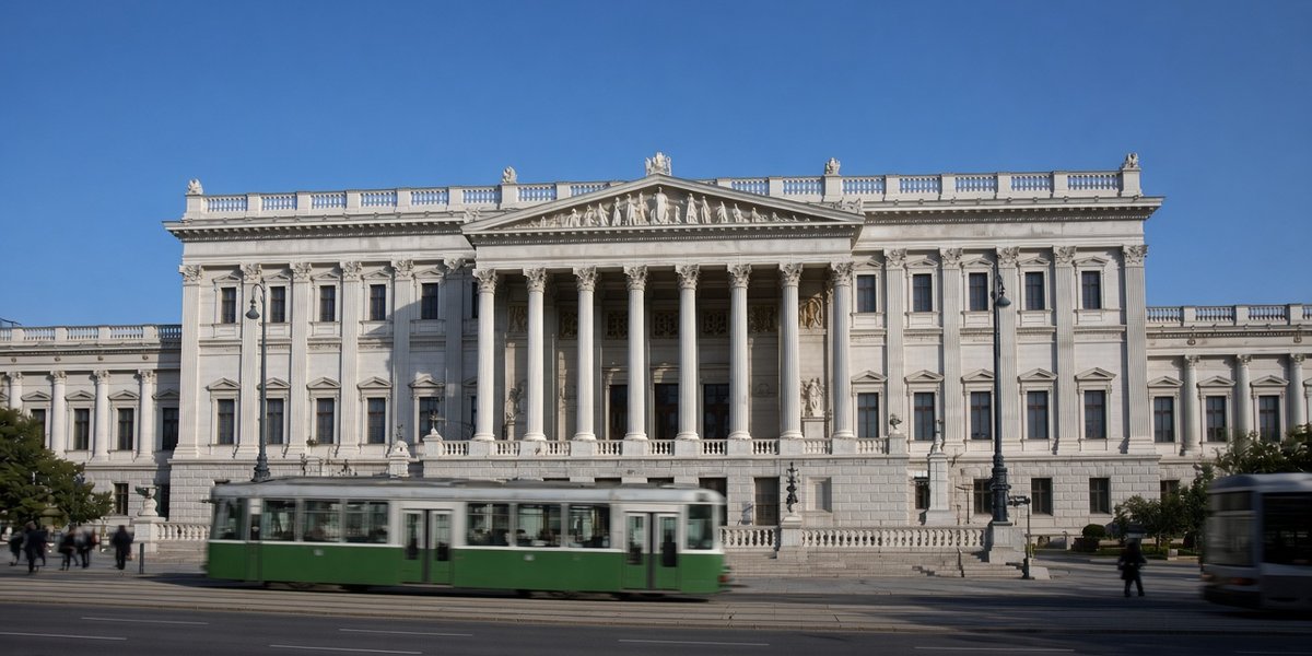 The Austrian Parliament building on Vienna's Ringstraße in daylight.