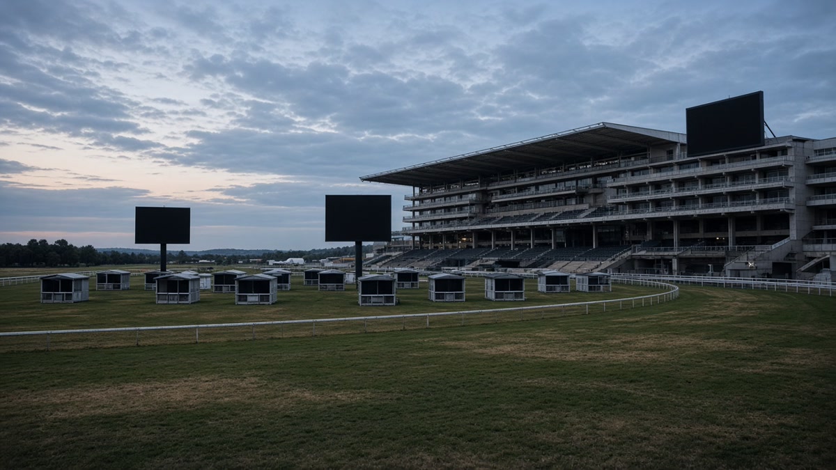 An empty racecourse betting ring in front of the grandstand at dusk, with the trackside screens switched off.