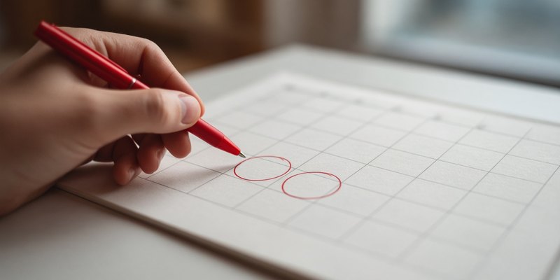 A hand holding a pen over a calendar page with two dates circled.