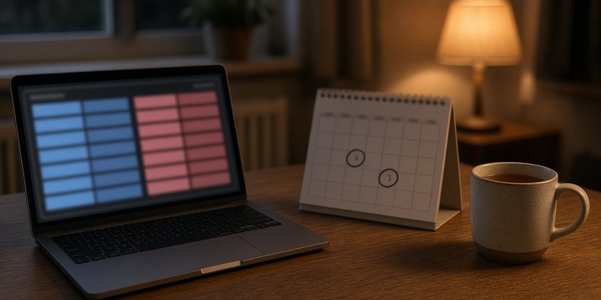 A laptop on a desk in the evening showing a blurred grid of blue and pink odds, beside a desk calendar with two dates circled.