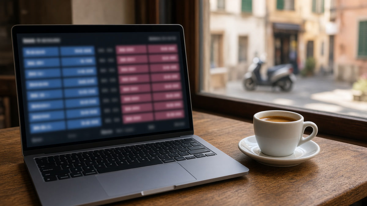 Un ordinateur portable dans un café italien affiche une échelle de prix générique d’une bourse de paris.