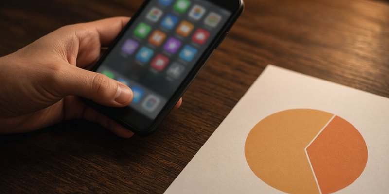 A hand holding a phone with blurred casino game tiles next to a printed pie chart.