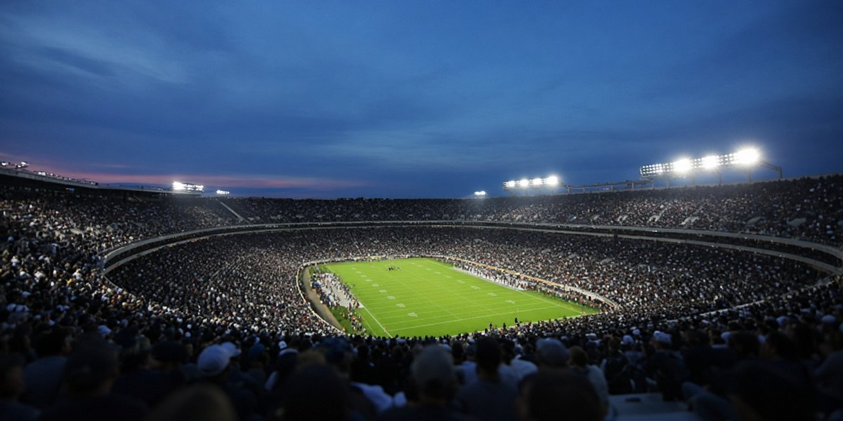 An American football stadium under floodlights at dusk, seen from the upper stands.