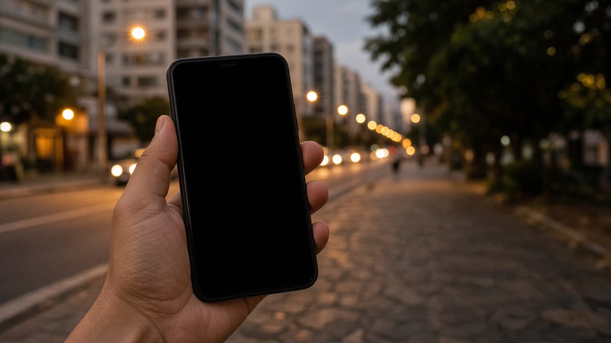 A person holding a smartphone on a city street in Brazil.
