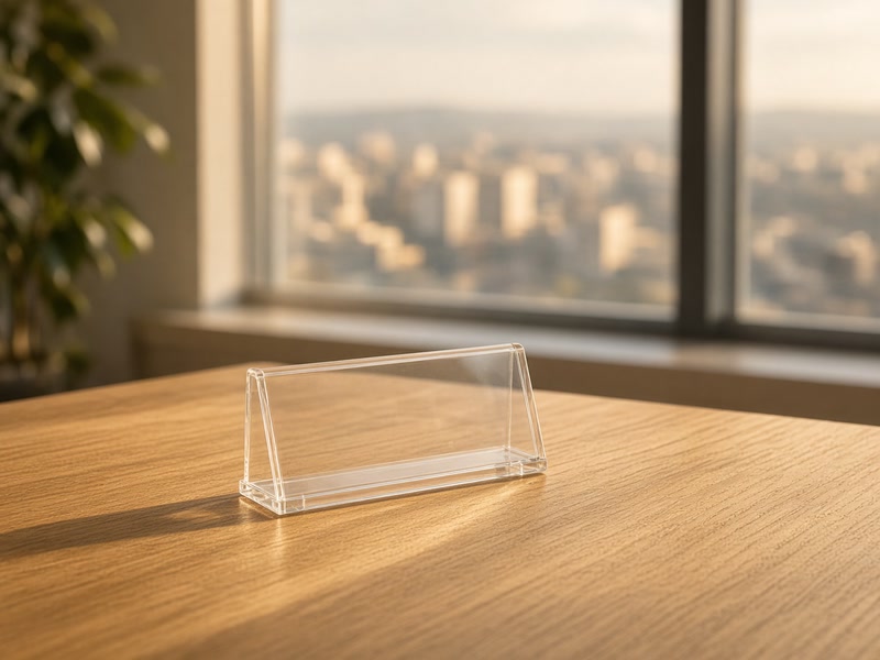 An empty office desk with an empty nameplate holder in late-afternoon light.