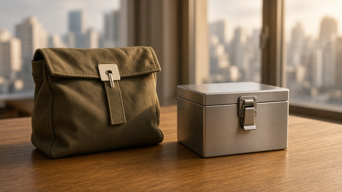 A sealed bank-deposit bag and a small strongbox on an office desk in warm afternoon light.