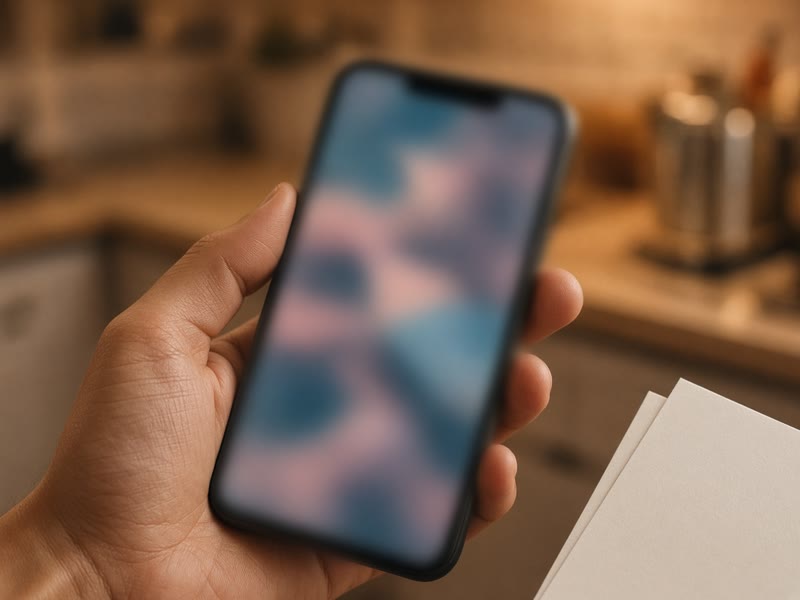 A smartphone with a blurred payment screen held in one hand.