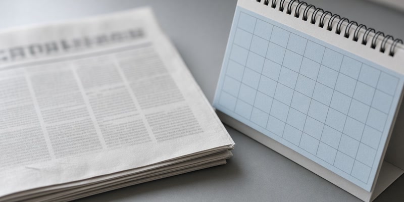 A blurred official gazette page beside a small desk calendar on a metal desk.