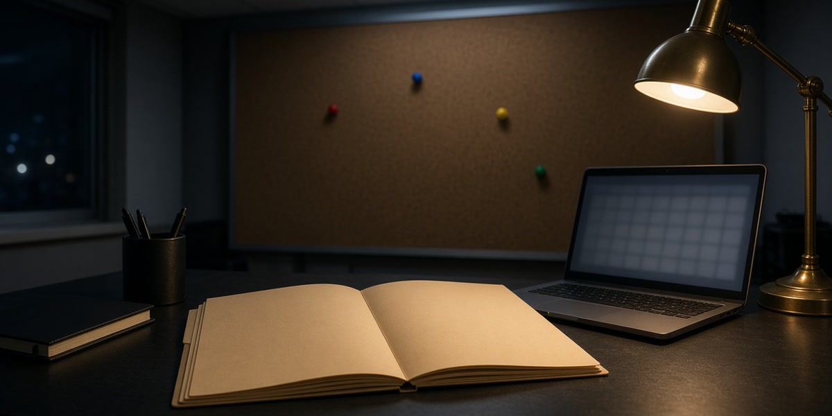 A night desk with an open case folder and a laptop showing a blurred spreadsheet.