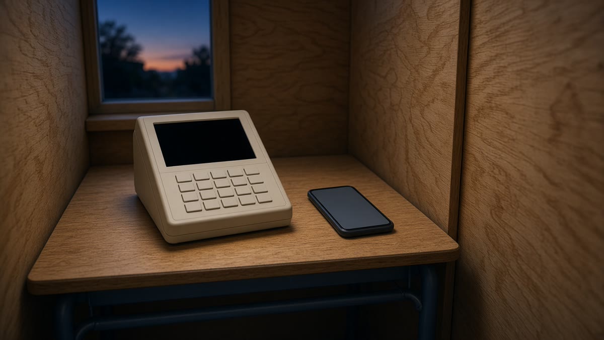 Una macchina per il voto elettronico in una cabina al crepuscolo, accanto uno smartphone con lo schermo vuoto.
