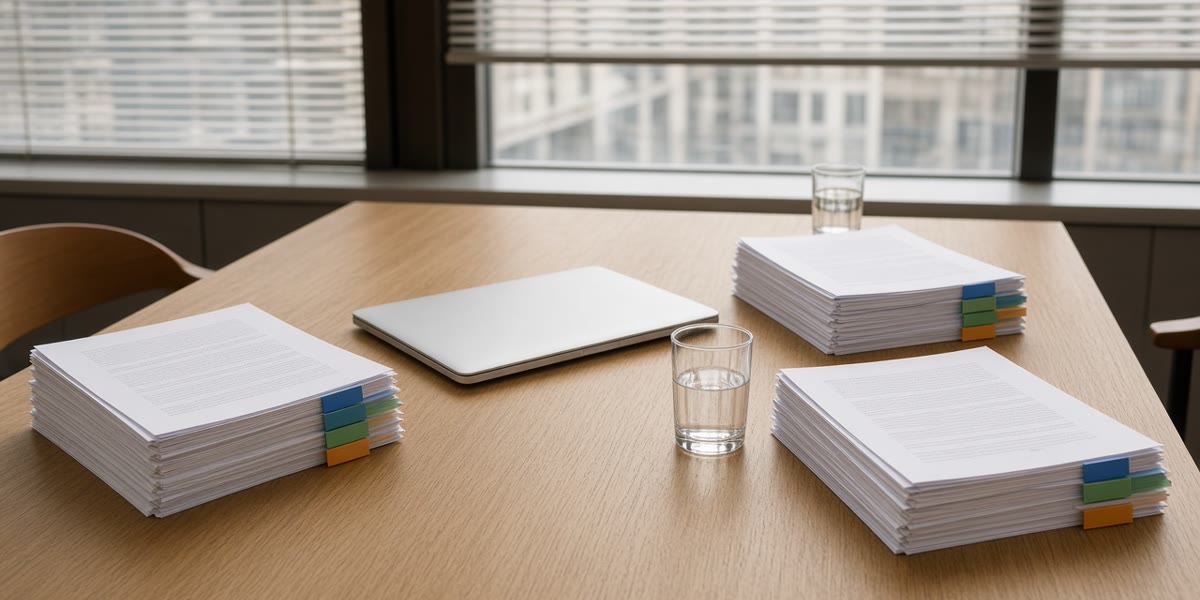 Stacks of blank-tabbed printed sheets on a committee table in soft daylight.