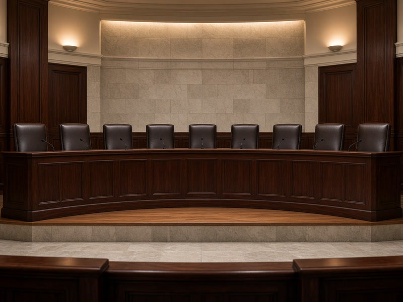 An empty court session room with a curved bench and microphones.