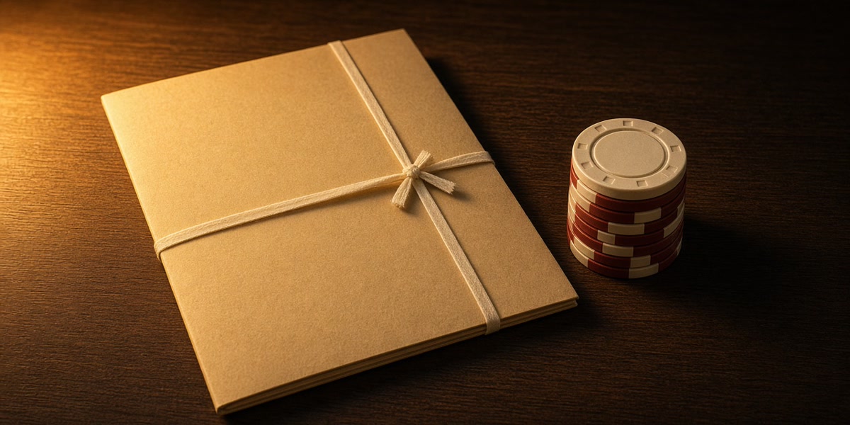 A closed legal file next to a short stack of poker chips on a wooden table under lamp light.