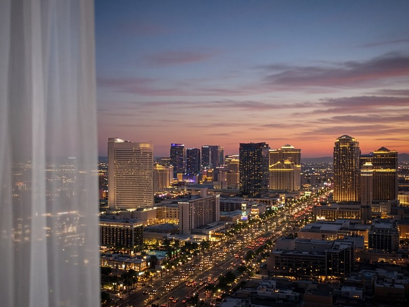 The Las Vegas Strip at dusk, seen from a hotel window.