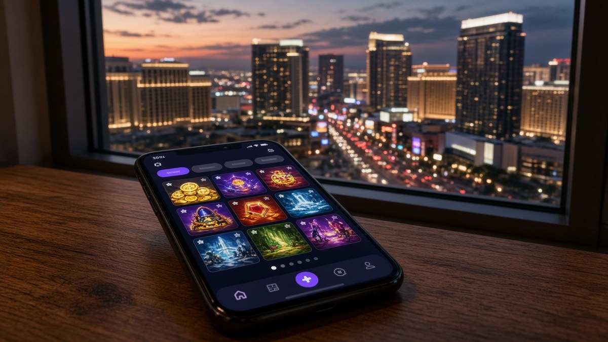 En smartphone på et skrivebord viser en generisk onlinecasino-lobby, med Las Vegas Strip i tusmørket bagved.