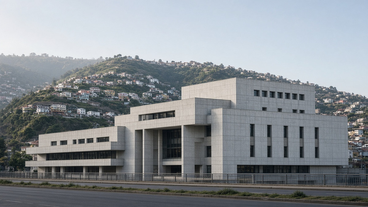 Das Gebäude des Nationalkongresses in Valparaíso, Chile, mit den Hügeln der Stadt im Hintergrund.