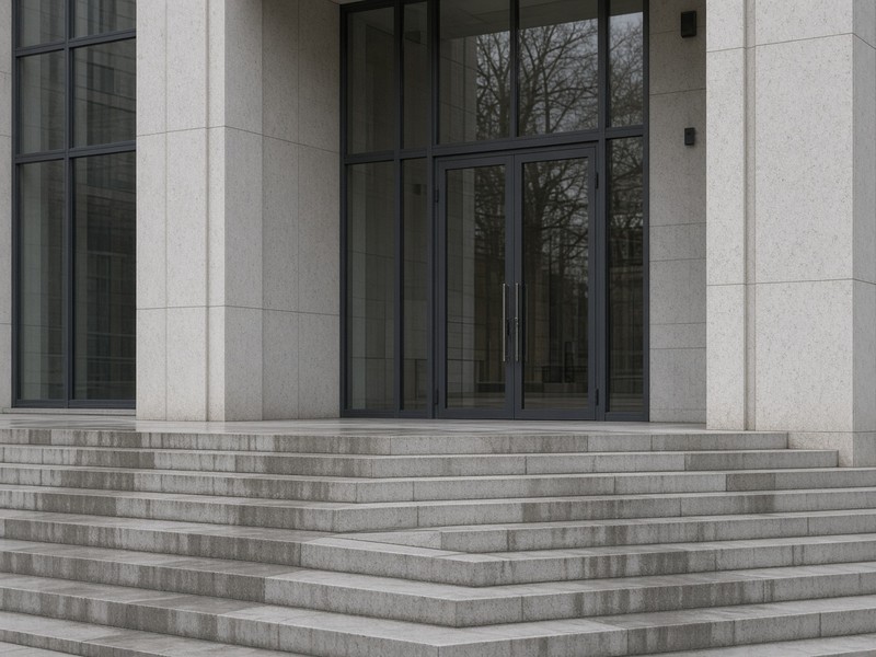 Stone steps leading up to the glass entrance of a court building.