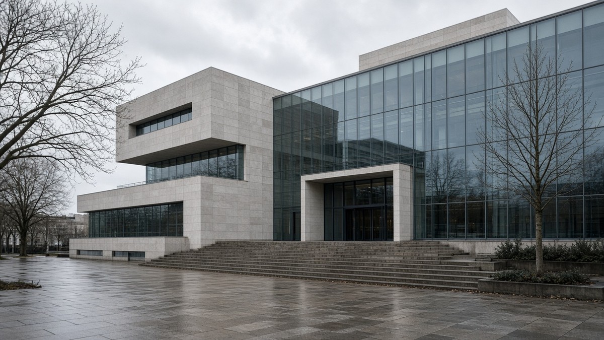 The glass and stone façade of a modern courthouse on an overcast day.