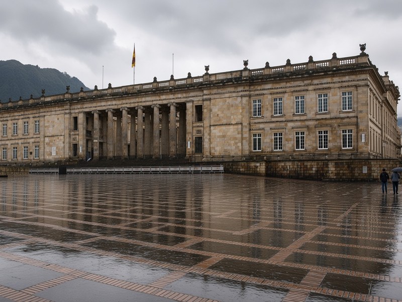 The Capitolio Nacional, Colombia's Congress building, with its stone colonnade on Plaza de Bolívar in Bogotá on a rainy afternoon, the wet paving reflecting the façade and an Andean hillside under low cloud behind it.