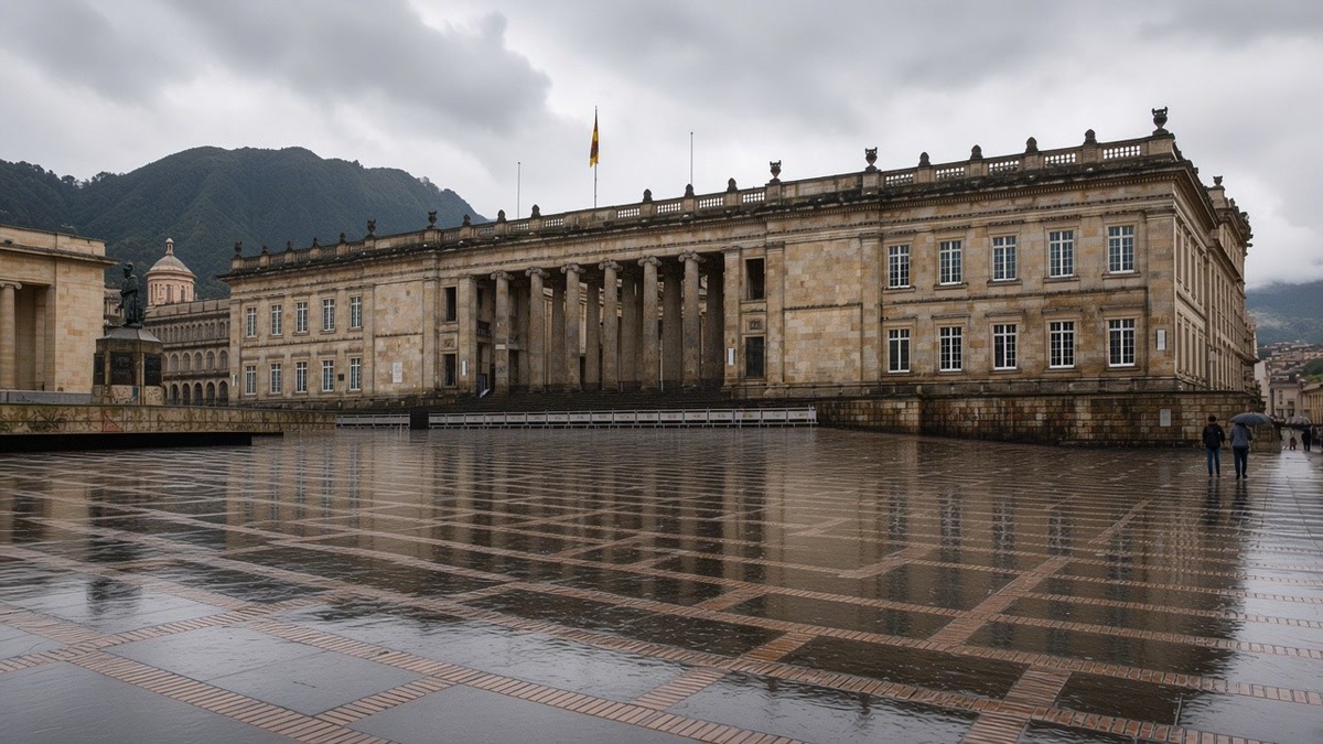 The Capitolio Nacional, Colombia's Congress building, with its stone colonnade on Plaza de Bolívar in Bogotá on a rainy afternoon, the wet paving reflecting the façade and an Andean hillside under low cloud behind it.