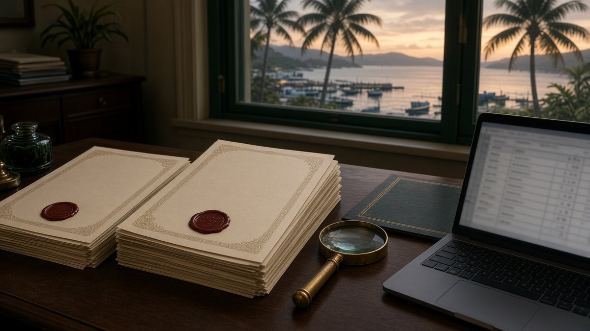 Licence certificates with wax seals on a desk, and an island harbour at dusk.