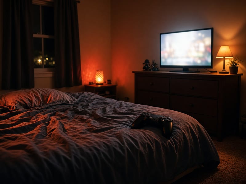 A games controller on a child's bed in front of a glowing screen, lit in casino-like red and gold.