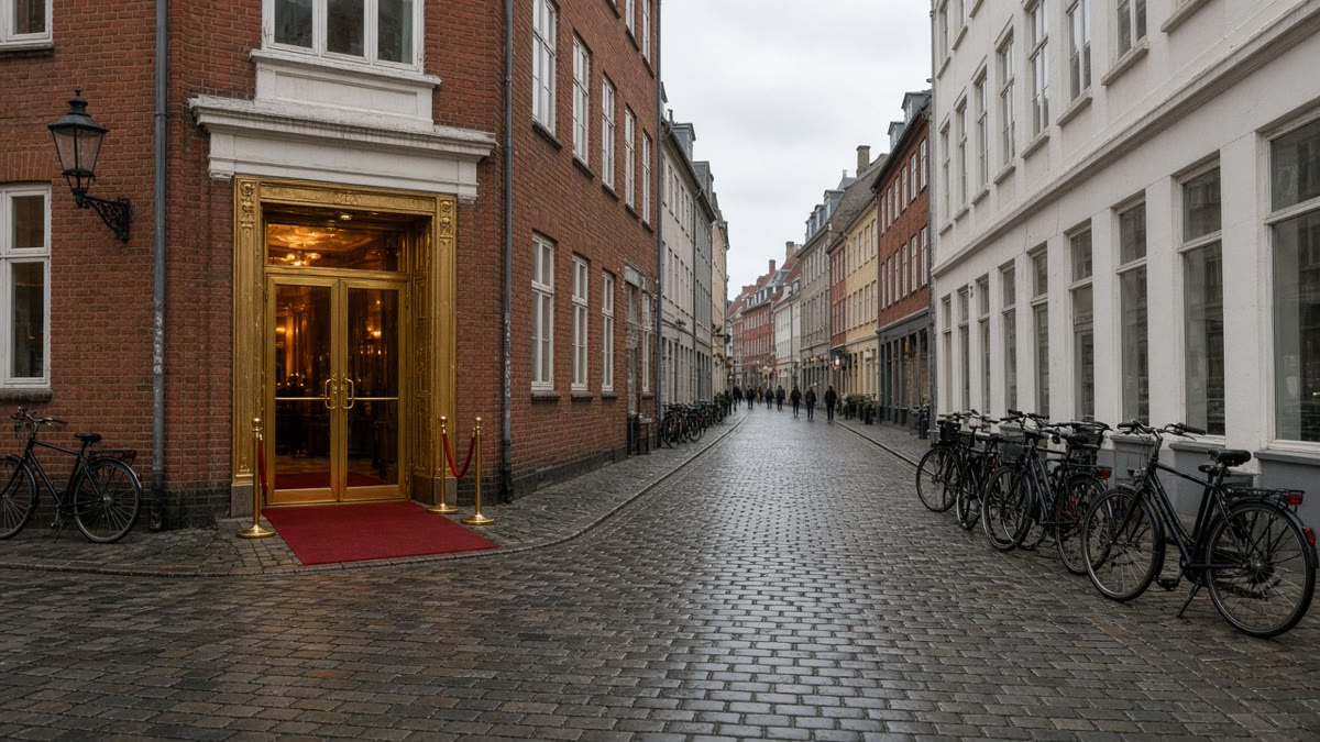 En butiksfacade i en dansk gågade udsmykket som indgangen til et kasino.