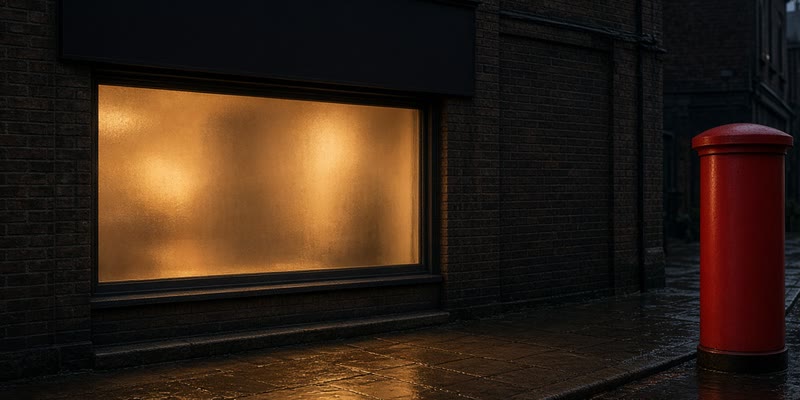 A UK high-street betting shop exterior at dusk with warm window light on wet pavement.
