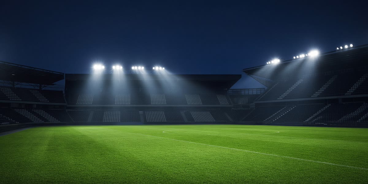 An empty floodlit football ground at night with rain mist in the lights.