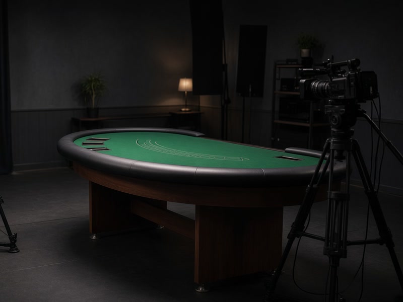 A camera lens in front of an empty, lit live-casino dealer table.