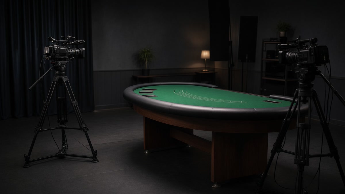 An empty live-casino studio with a lit dealer table and cameras on tripods, with no one at the table.