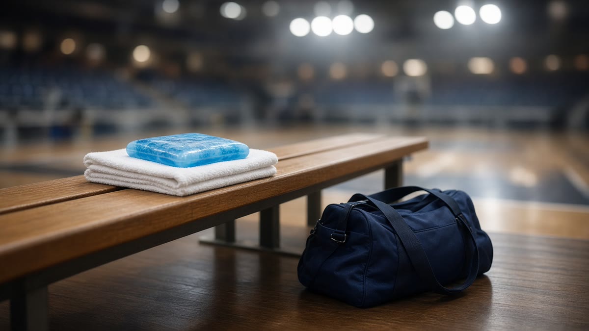 An empty courtside bench with an ice pack on a towel and a trainer's bag, arena lights blurred behind.