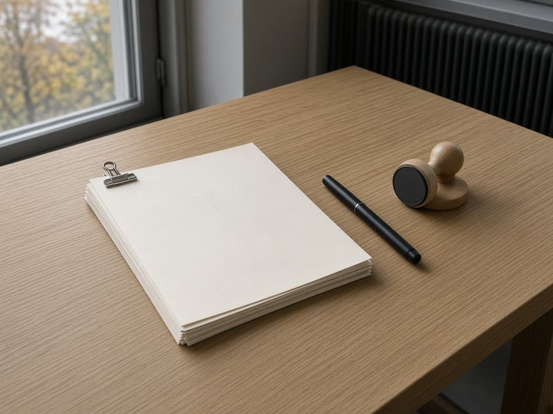 Printed licence paperwork and a stamp on an office desk in grey autumn light.
