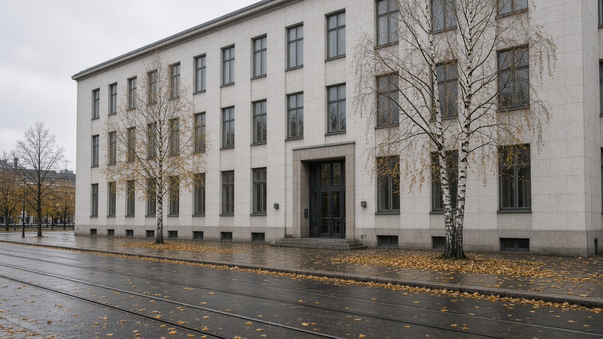 En offentlig kontorbygning på en efterårsgade i Helsinki.