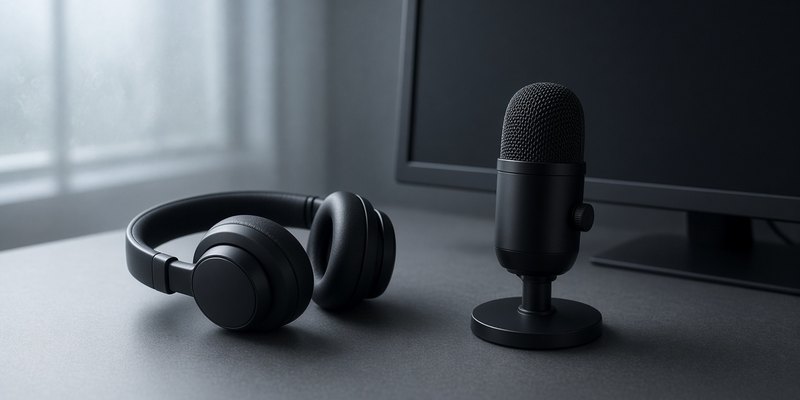A headset and microphone on a desk beside a switched-off monitor.