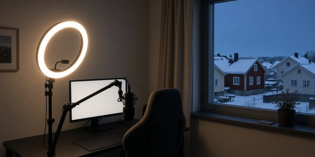 A home streaming setup with a microphone and ring light by a window overlooking snowy houses at dusk.