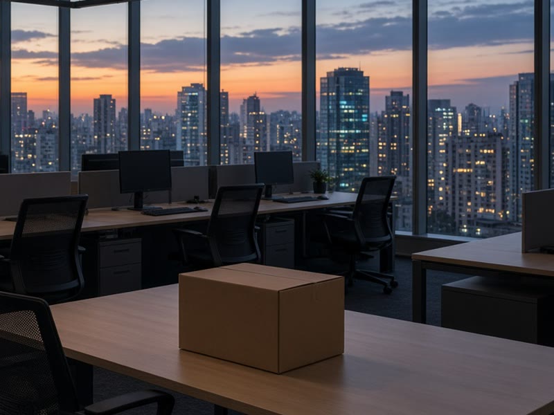 A cardboard box on a cleared office desk in front of evening city lights.