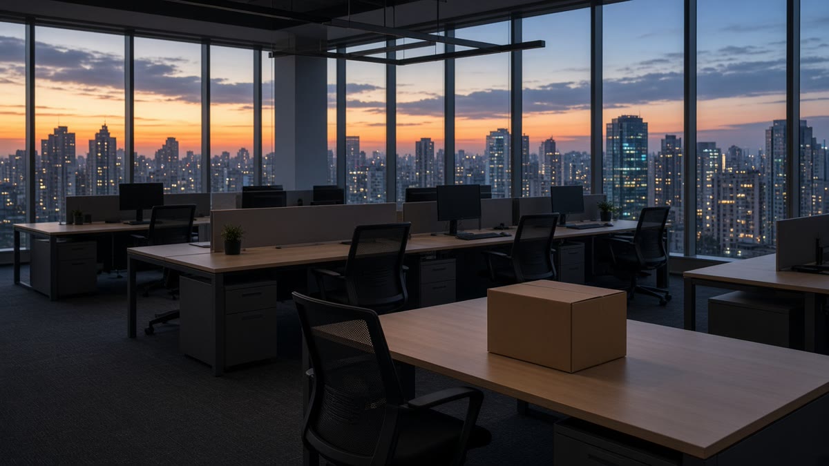 An empty open-plan office in São Paulo at dusk with one cardboard box on a cleared desk.