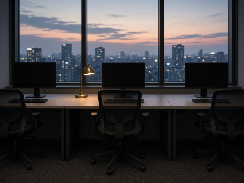 A row of empty office desks with one lamp still on.